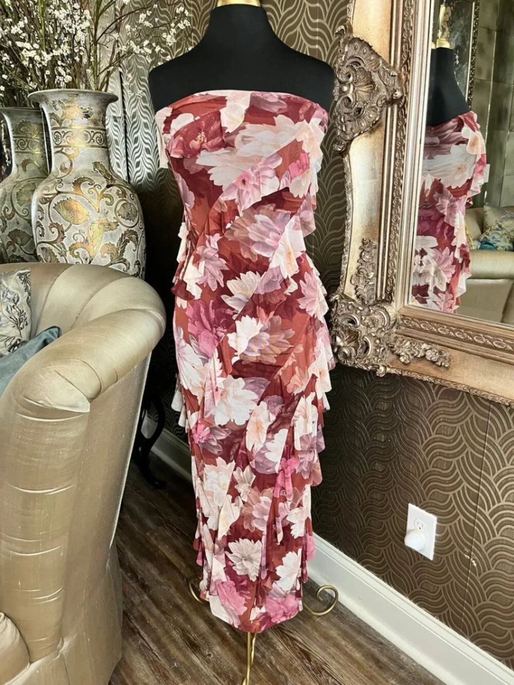Paris Hilton floral ruffle strapless dress